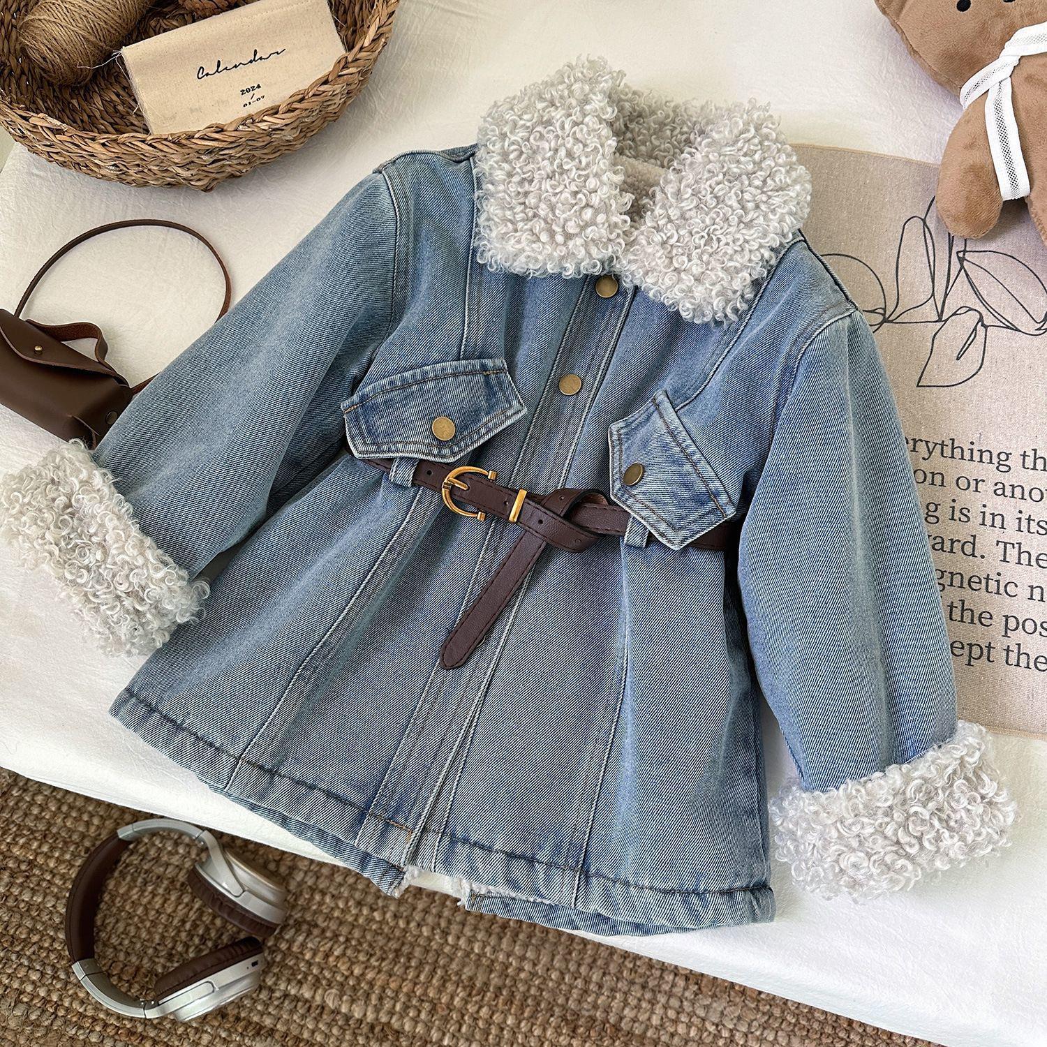 Stylish Girls Fleece-Lined Denim Jacket - Autumn/Winter Korean Style Parka 120cm синий