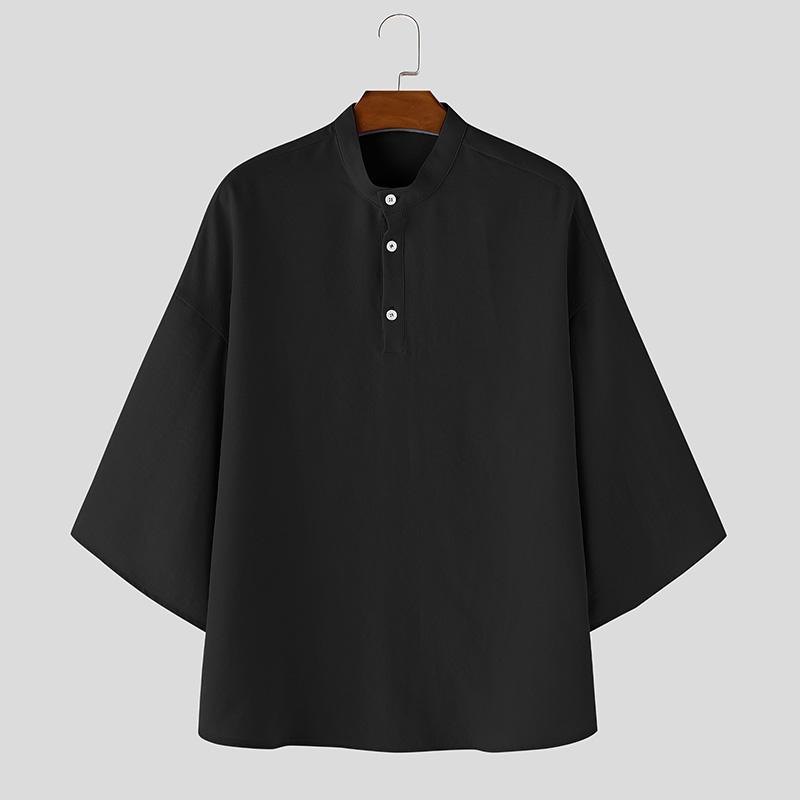INCERUN Cămăși Casual Oversize pentru Bărbați cu Guler Înalt, Mânecă 3/4, cu Nasturi