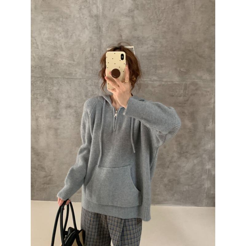 Autumn and Winter New Pullover Sweater Women's Half Zipper Hooded Casual Lazy Wind Outside Knitted Sweater Top