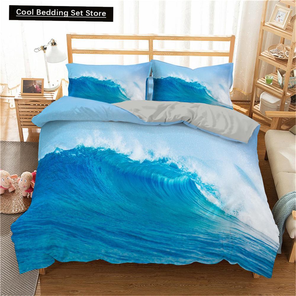 Ozeanwelle Bettwäscheset 3D Abstrakte Kunst Bettbezug King/Queen Größe mit Kissenbezug Aquarellstil 2/3-teilig Polyester Steppdeckenbezug