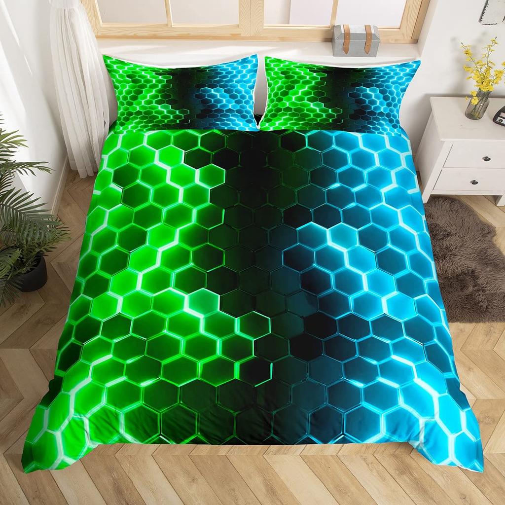 Blue Purple Honeycomb Soft Duvet Cover Fluorescent Geometric Honeycomb Beding Set Behive Hexagon Warm Comforter Cover for Young Boys Young Girls