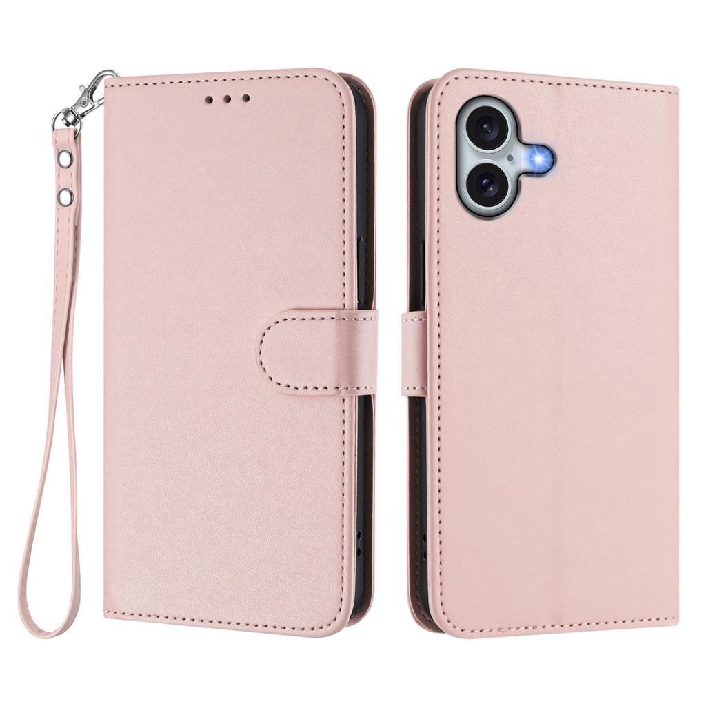 For iPhone 16 Plus Leather Case Wallet Stand Phone Cover with Wrist Strap