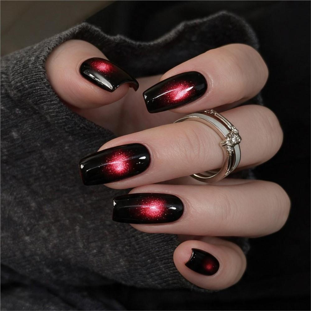 144pcs 3D Red Glitter Cat Eye Press On Nails Medium Square Shiny Red Cat Eye Fake Nails Full Cover Acrylic Cat Eye False Nails