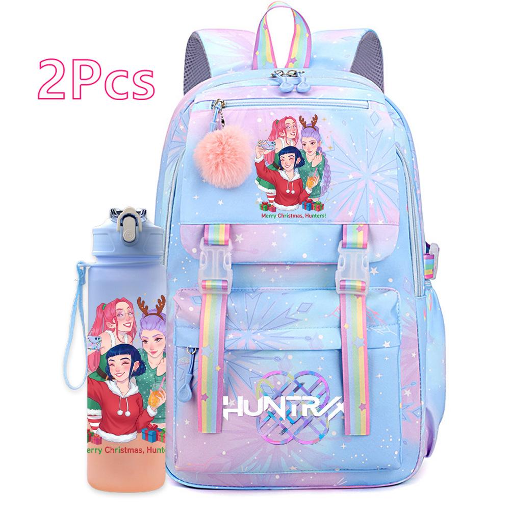 2Pcs/set Christmas K-pop Printed Backpack with 750Ml Water Bottler Large Capacity Travel Bag for Teenager Girl Boy Bookbag Kid Gift Large Capacity Bag