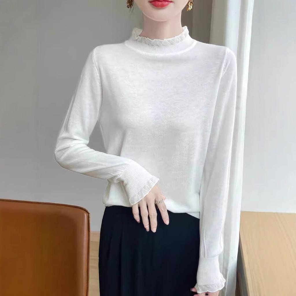 Women's Simple Ruffled Half-High Neck Thin Knitted Wool Sweater Lace Elegant Solid Color Comfortable Frilled Base Layer