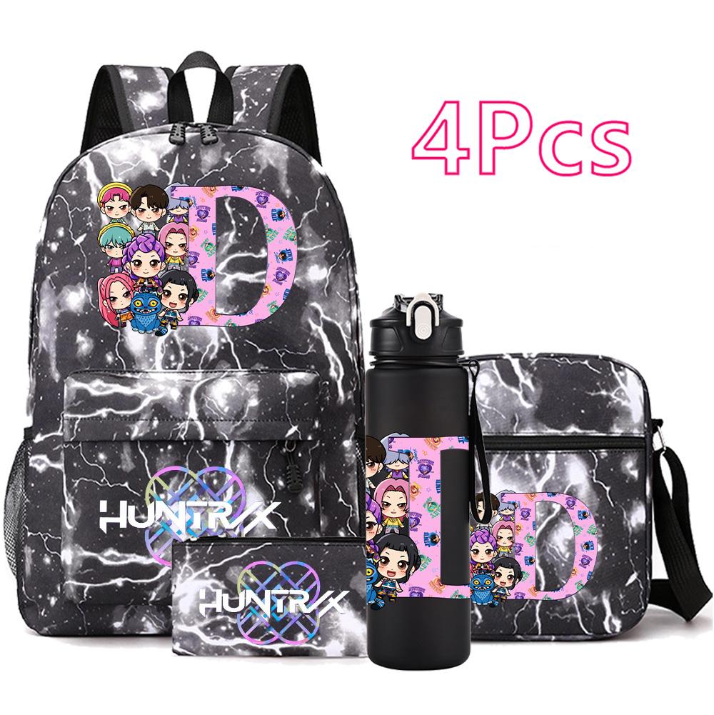 4Pcs/set 26 English Letter KPop Printed Backpack with 750Ml Water Bottler for Teenager Student Girl Boy Bookbag Kid Gift Large Capacity Travel Bag
