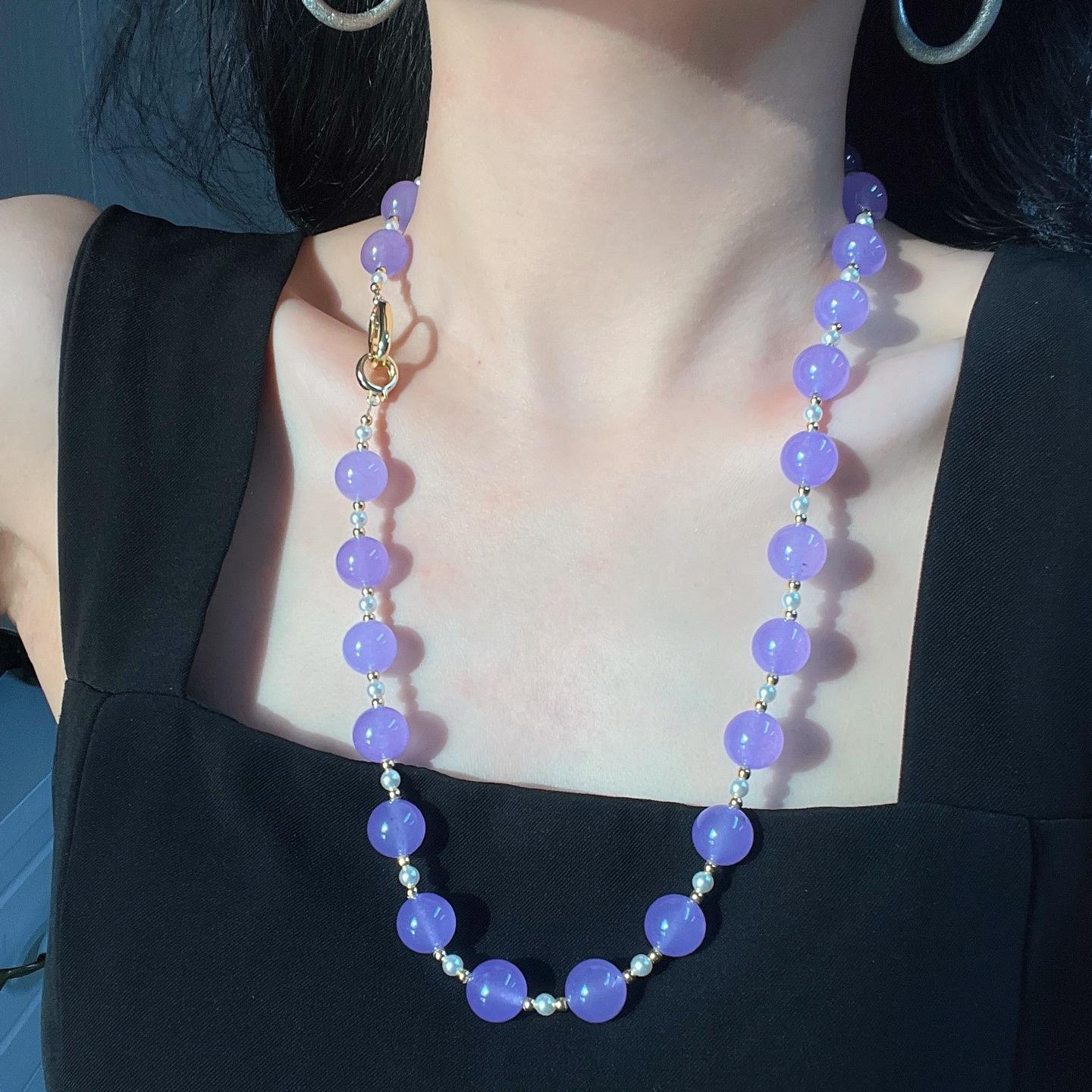 Vintage Elegant Violet Quartz Rock Faux Crystal Pearl Design Sweater Chain Necklace