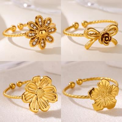 Wind echtes Gold Edelstahl Zirkon Ring Damen pastoraler Stil Blume Schleife offener Ring Schmuck