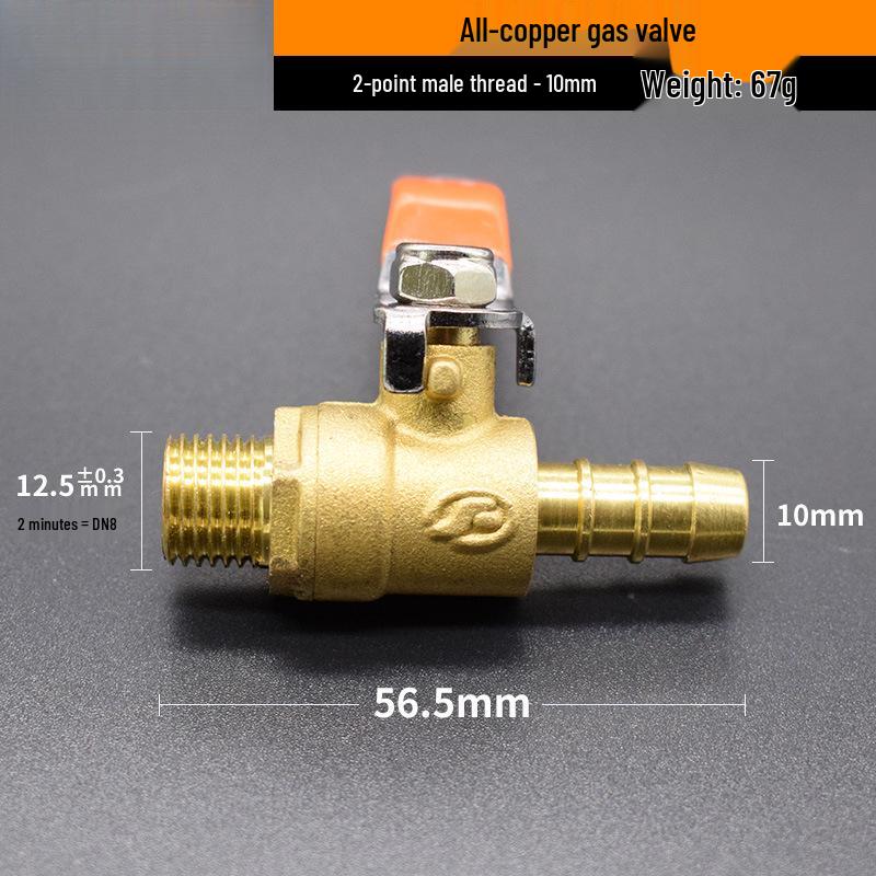Copper/Gas Ball Valve with Hose Barb: 1/2", 3/8", 1/4" Plug, 8/10/12mm Drain Valve/Gas Nozzle.