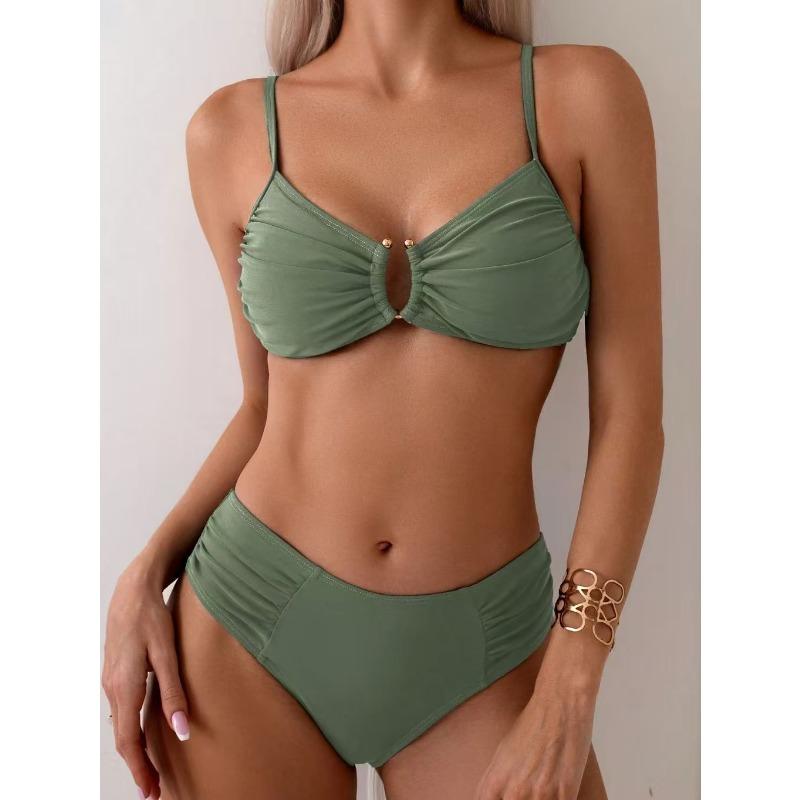 Solid Color Teal Ruched Cutout Bikini Set High Waist Two Piece Swimsuit