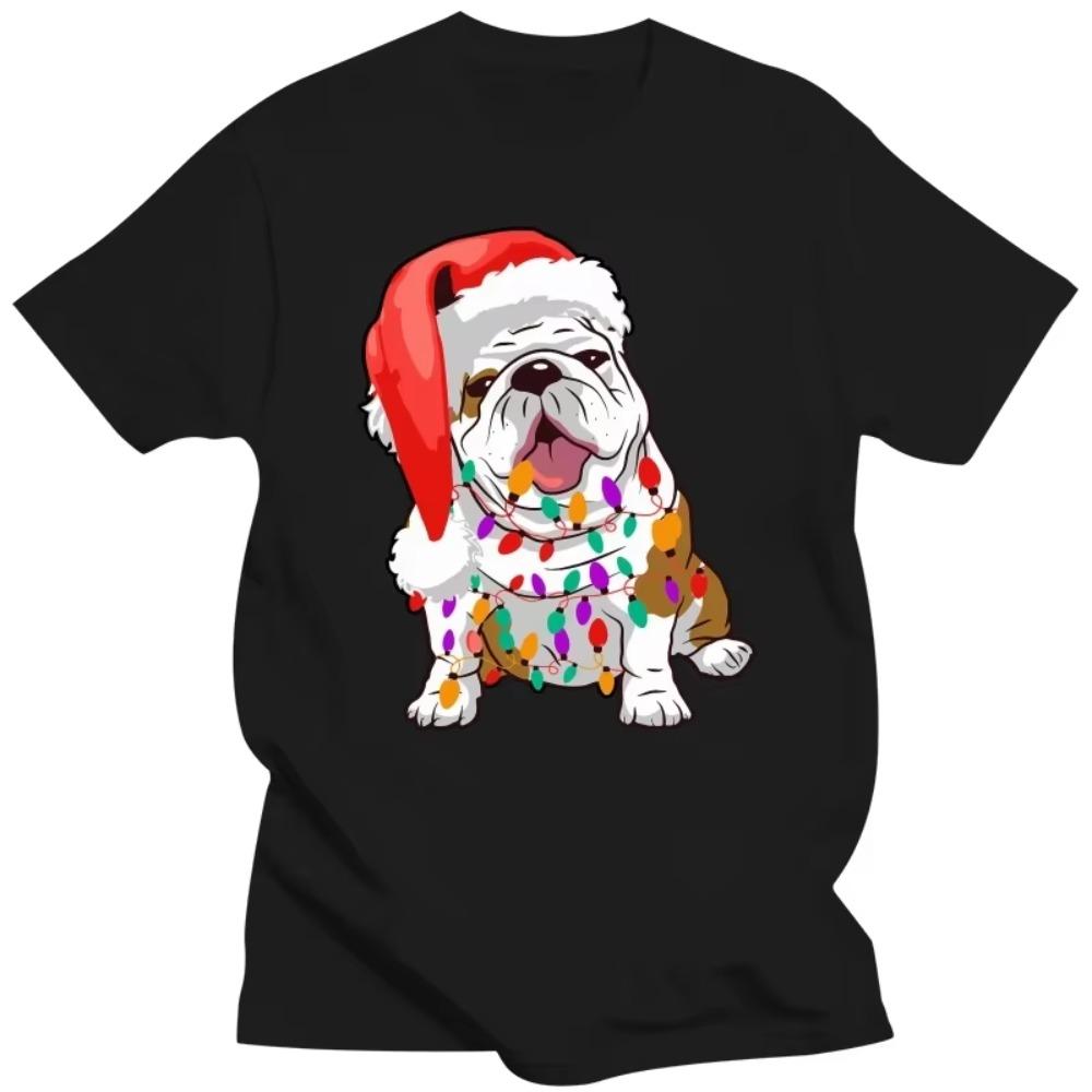 Cute Bulldog Christmas Lights Dog T Shirts Summer Graphic Cotton Streetwear Short Sleeve Birthday Gifts T-shirt Mens Clothing