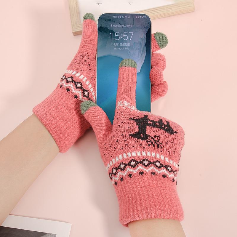 Touchscreen-Handschuhe Damen Winterstand Samt verdickt Kältebeständig Hirschwolle Warm Gestrickte Handschuhe