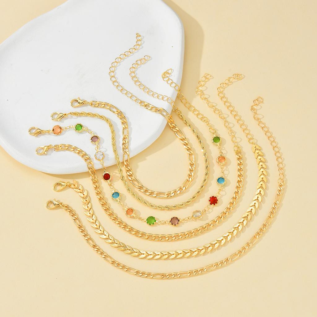 6Pcs/Set Gold Color Twisted Cuban Chain Anklet Set For Women Fashion Summer Colorful Zircon Anklet Beach Party Jewelry Gifts New