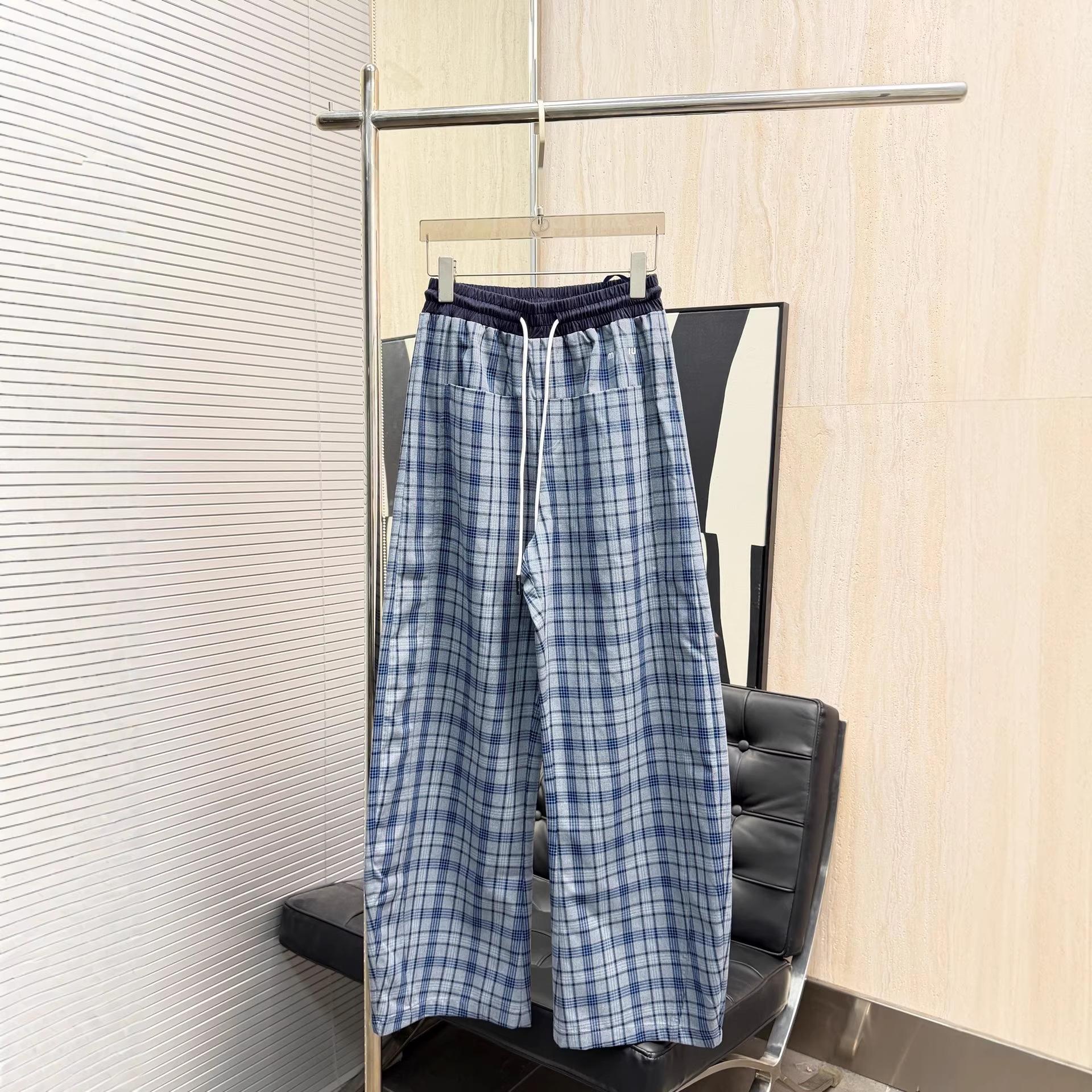 

Nanyou Women s Color Block Plaid Wide-Leg Drawstring Casual Pants Medium синий