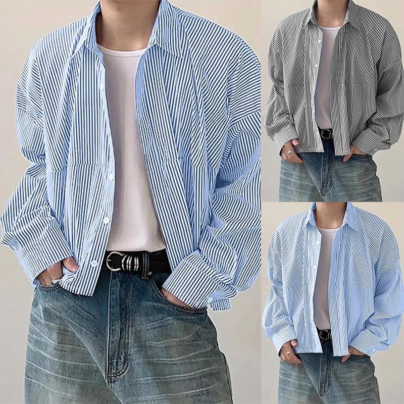 2026 New Men's Fashion Turn-down Collar Vertical Striped Loose Long Sleeve Shirt