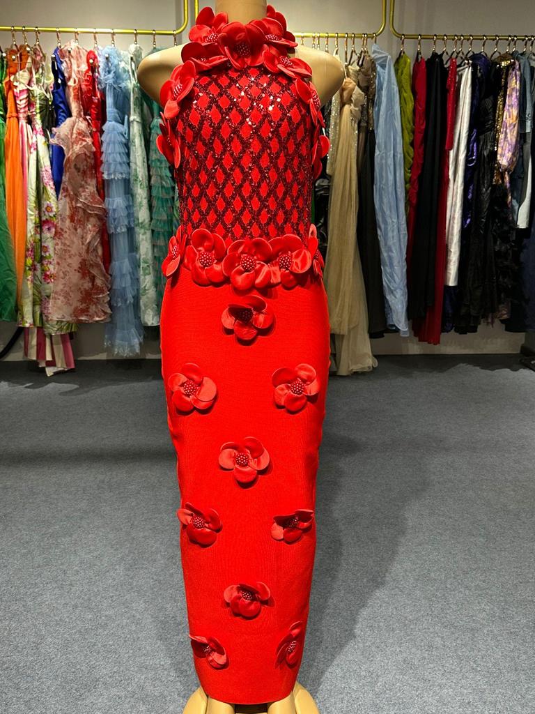 Elegant European and American Evening Gown: Sequined Floral High-End Sleeveless Long Bandage Dress