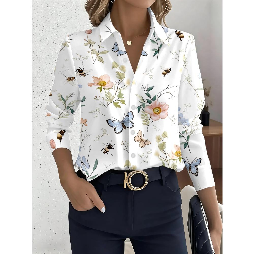 New fashion women's button-down shirt flowers, plants, butterflies, bees pattern, white background decorative printing