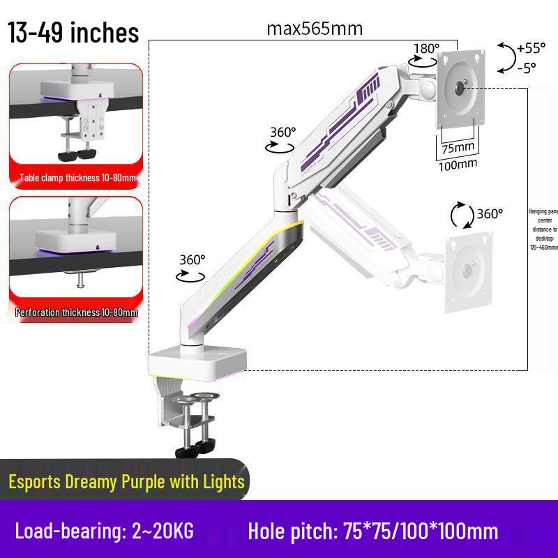49" Ultraširoký Stojan na Monitor s Pneumatickým Ramenem, Instalace Bez Vrtání, RGB Osvětlení, E-sportovní Edice