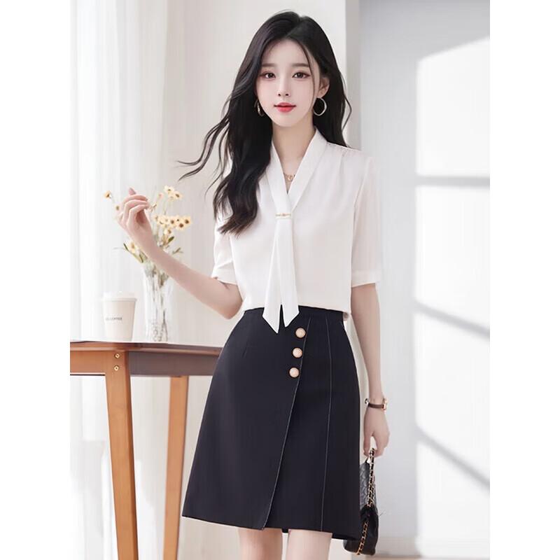 Taluoman Women's Short Sleeve Chiffon Tie-Neck Blouse