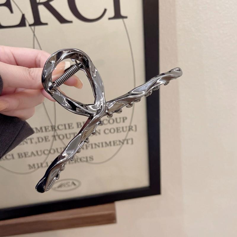 Silver Textured Metal Shark Hair Claw - Women's Stylish Updo Clip Accessory