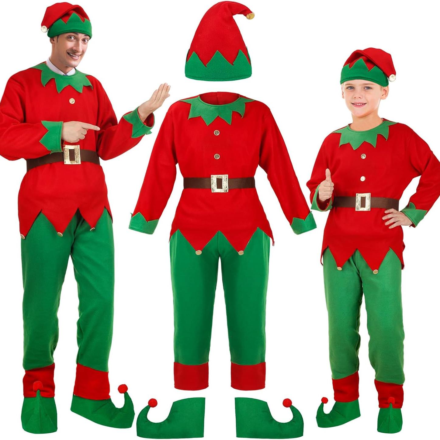 

Комплект костюма рождественского эльфа для детей и взрослых, костюм эльфа, шапка Санты, платье, чулок, обувь, пояс, Рождество 170CM