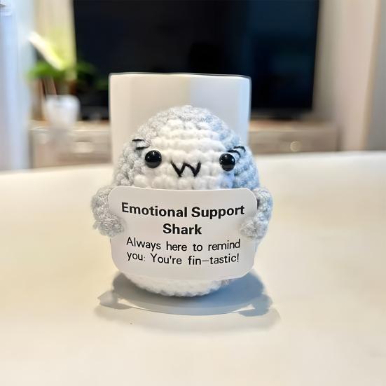 Emotional Support Shark Knitted Doll Positive Crochet Shark Gift Handcrafted Stress Relief Doll with Motivational Card Home Office Decor