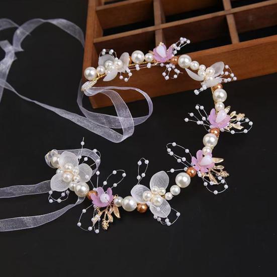 Headband Floral Butterfly Design Adjustable Ribbon Women Headband Faux Pearl Cubic Zirconia Greek Bohemian Style Wedding Bridesmaids Fairy