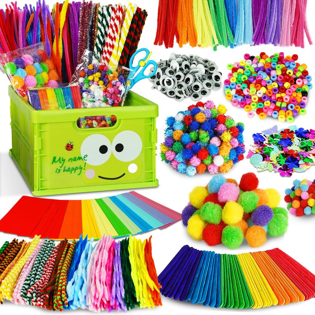 FUNZBO Kids Art & Craft Supplies - Toddler Craft Kit: Glue Stick, Pipe Cleaner, Ice Pop Stickers, Drawing Paper, Pom Poms & Googly Eyes. A Perfect