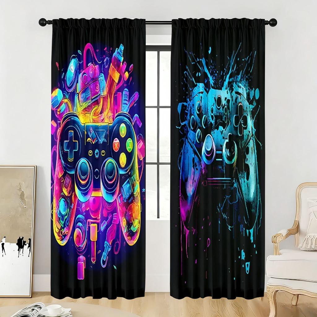 2PC Neon Graffiti Gaming Controller Curtains - Vibrant Abstract Print Window Drapes for Boys Bedroom Game Room Decor