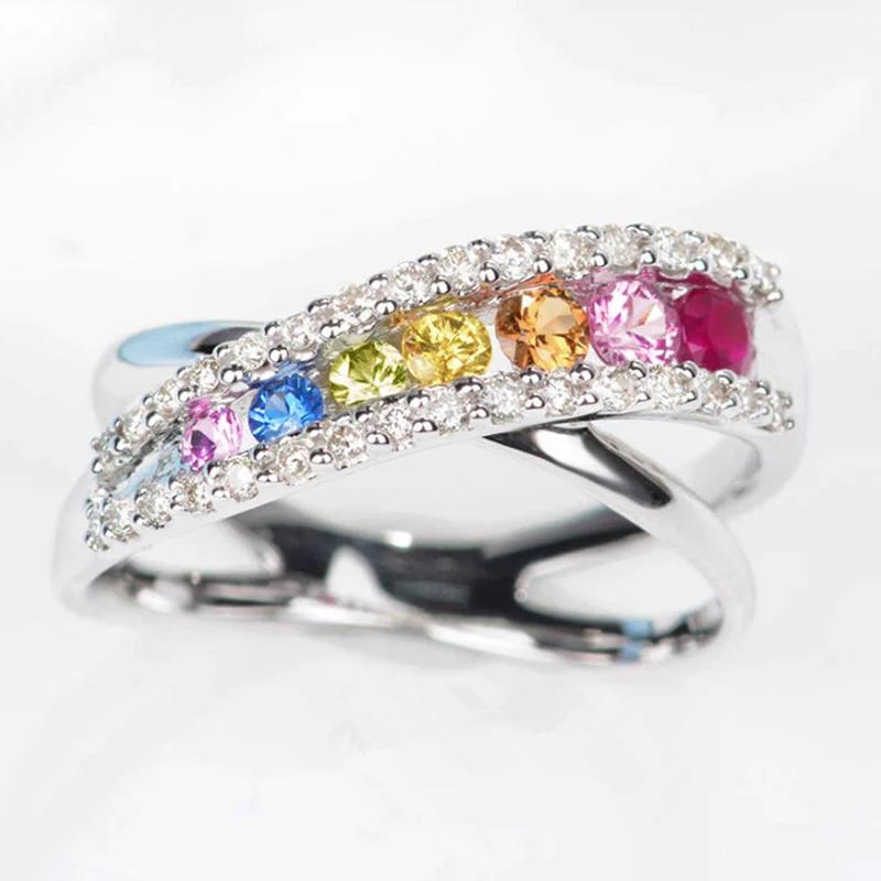 Rainbow Cubic Zirconia Cross Rings for Women Newly Designed Wedding Engagement Accessories Copper Color Trendy Zircon 6