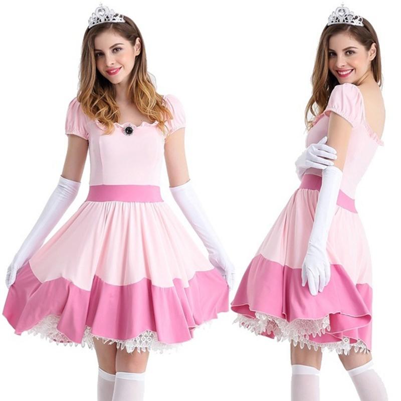Elegant Super Mario Pink Princess Peach Costume Dress With Crown And Gloves Set