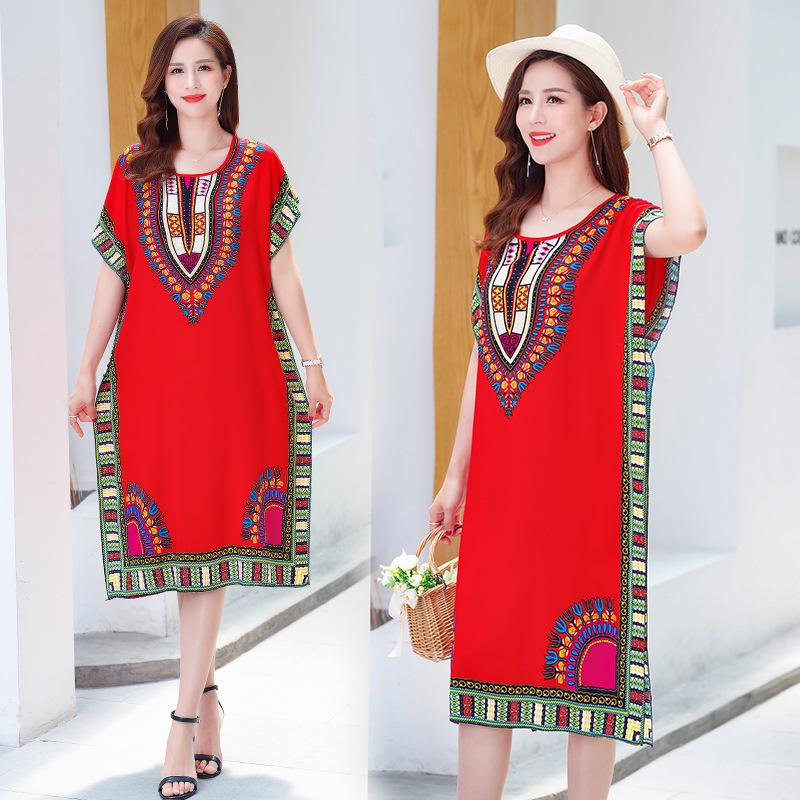 Summer Cotton Silk Loose Fit Mid-Length Bat Sleeve Dress for Women - Plus Size, Belly Covering, Slimming Beach Dress for Moms