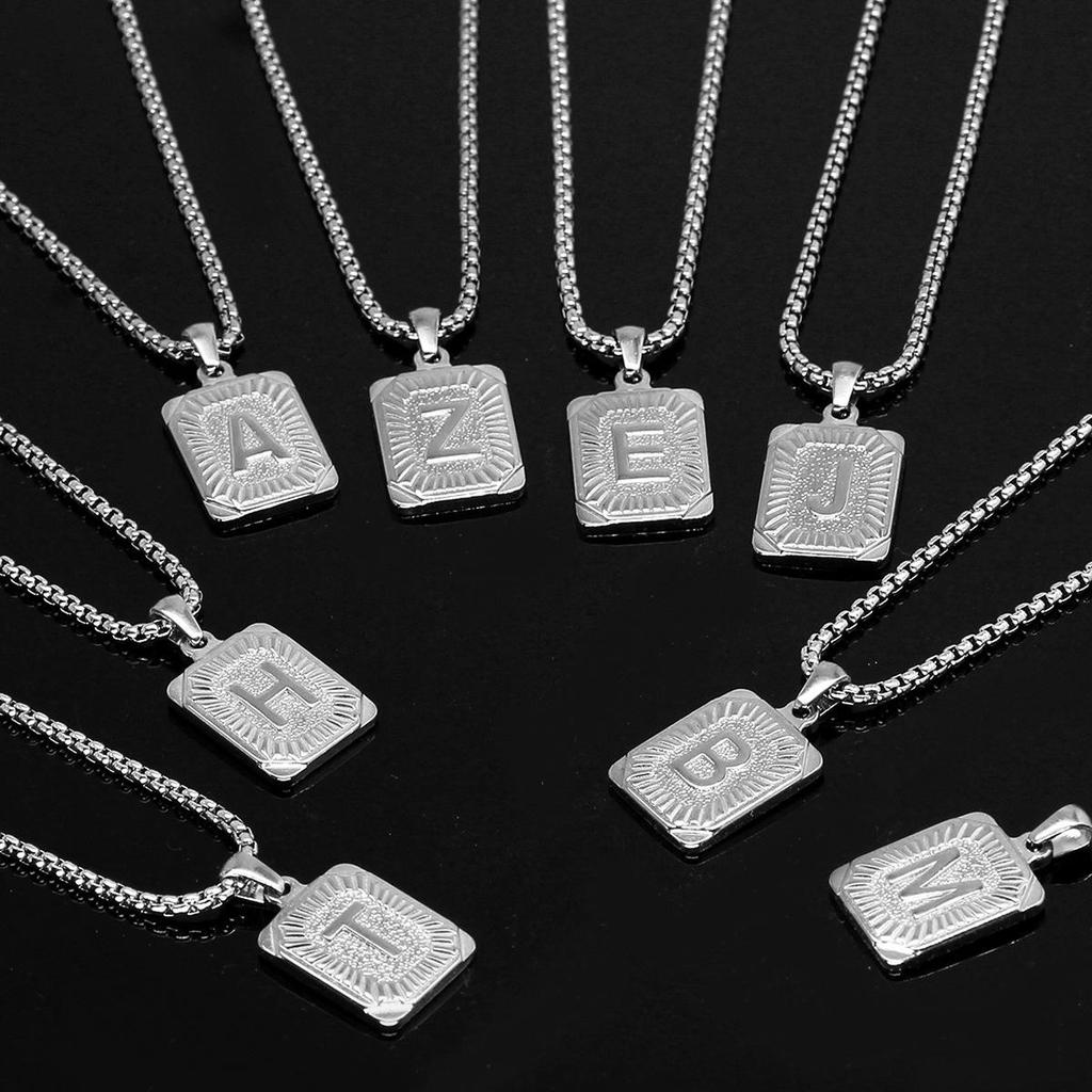 Trendy Titanium Steel Square Pendant Choker Necklace with 26 English Letters for Couples