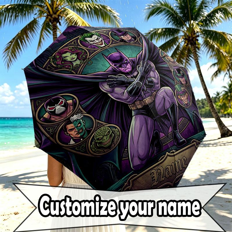 Custom Name Personalized Batman Print Umbrella, Auto Open Close, 8‑Rib Sturdy Frame, Commute Camping Hiking Use, Birthday Gift