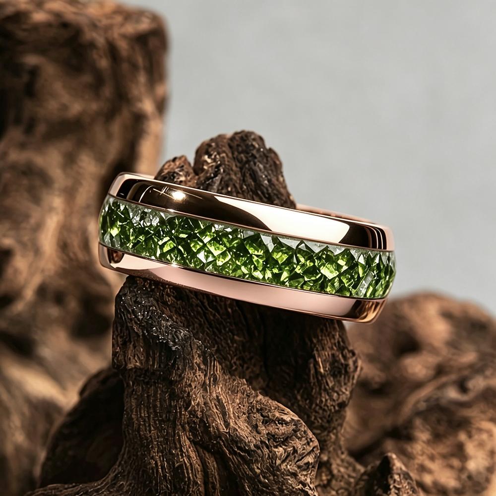 Luxury Green Crystal Stone Rings, Fashion 8mm Men Stainless Steel Ring, High Polished Wedding Band Jewelry Gifts