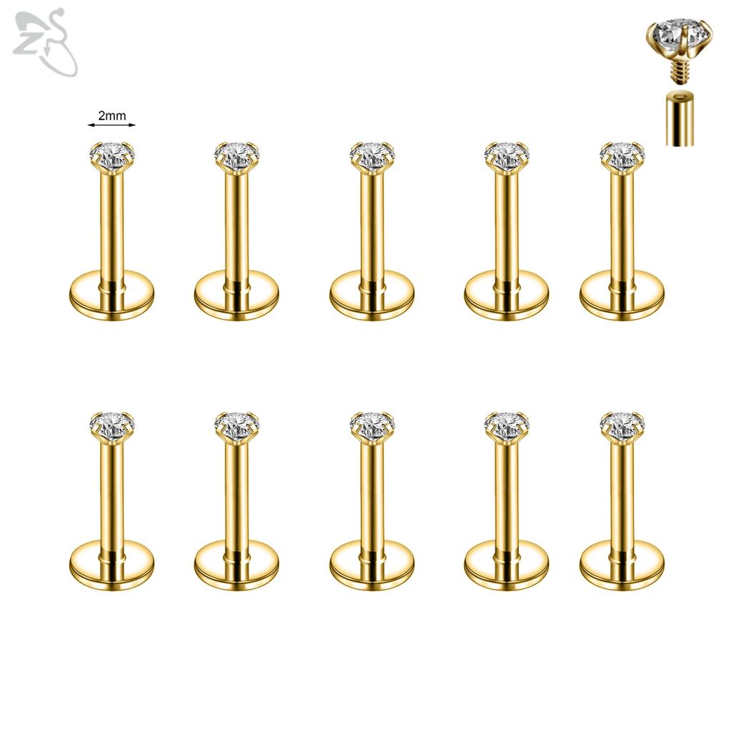 AOEDEJ 10Pcs/Lot Gold Color 16/18G Stainless Steel Labret Lip Stud Set 2/3/4/5/6MM CZ Crystal Helix Cartilage Tragus Piercings