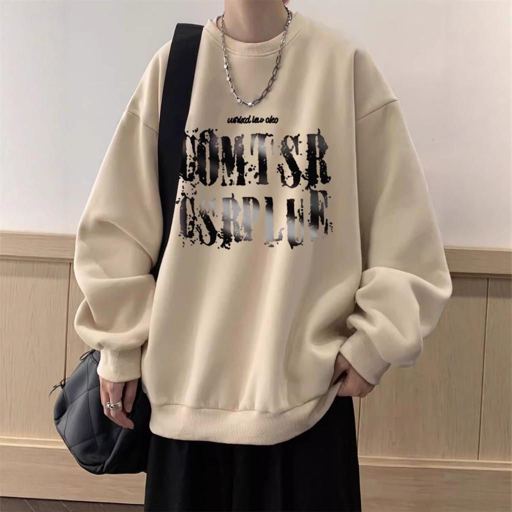 Retro Långärmad Tryckt Sweatshirt, Lös Rund Hals, Utan Huva Plus Fleecekläder