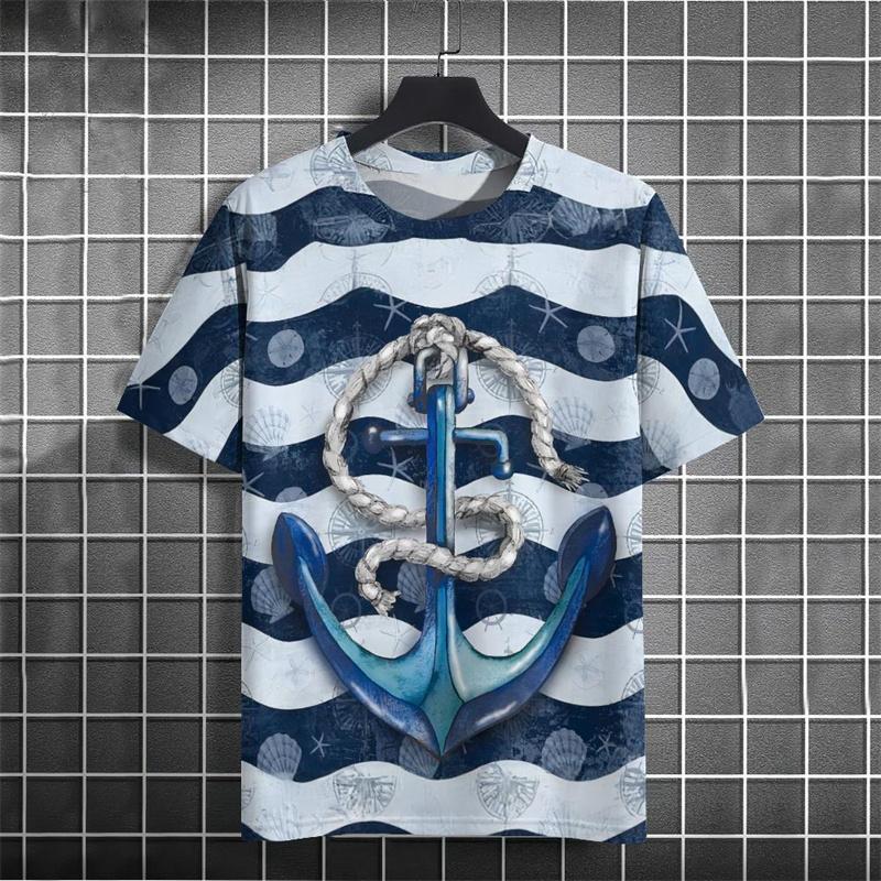 Retro Style Anchor Graphic Men T-shirt Street 3D Print Casual Fashion Stripe Short Sleeve T Shirts Summer Daily Trend Men's Tees