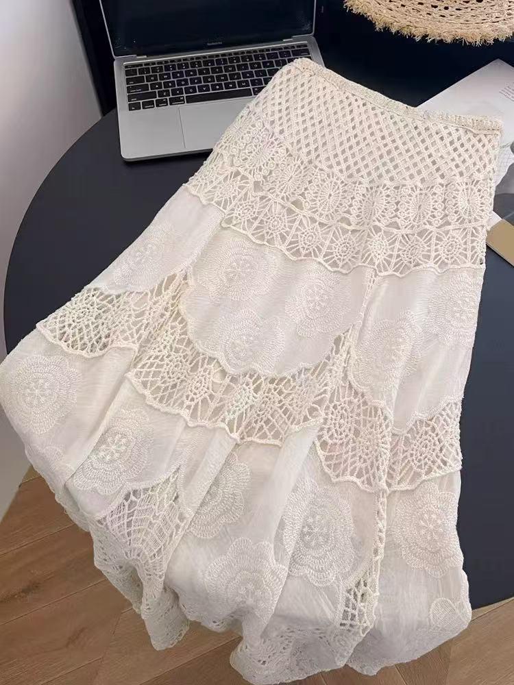 Bohemian Women's Resort Skirt: Korean-Style Embroidery, Crochet Knit, Drawstring Waist, Versatile Large Hem Hemline.