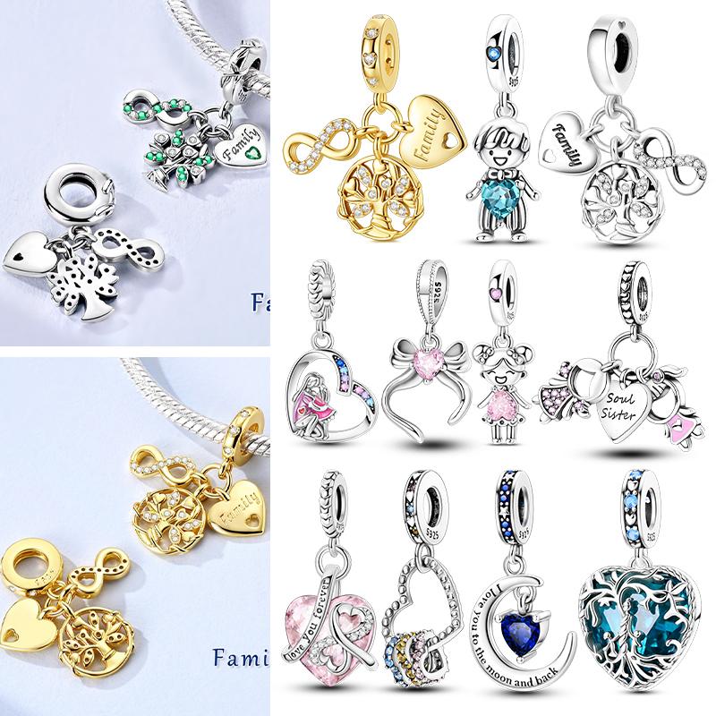 Charms Original 925 Sterling Silver Love Family Friendship Pendant Fit Bracelet DIY Beads Women Jewelry Gift Making Accessories