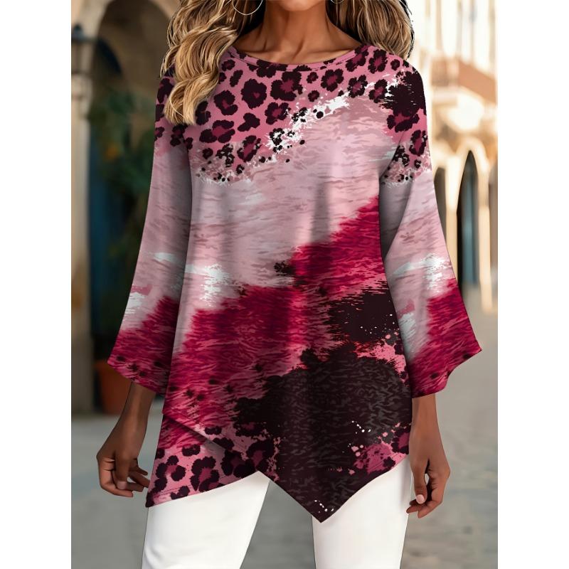 Printing Fashion New Product Large Size Round Neck Leopard Print Pattern Printing, Printing Casual and Comfortable Cross Hem Asymmetrical