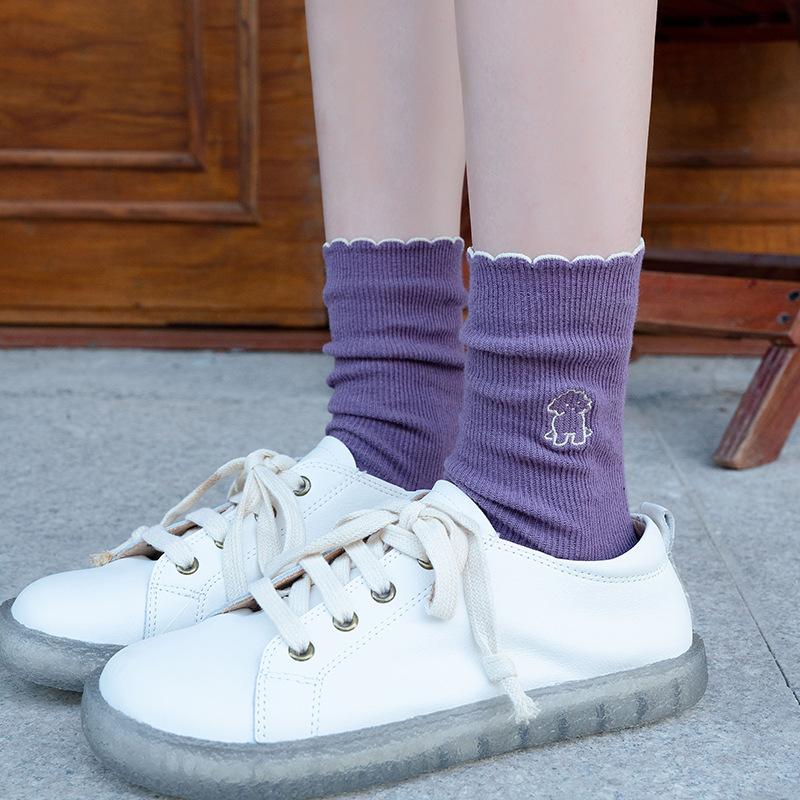 5 Pairs of Women's Autumn and Winter Lace Preppy Cute Cartoon Wooden Ear Edge Cotton Tube Pile Socks