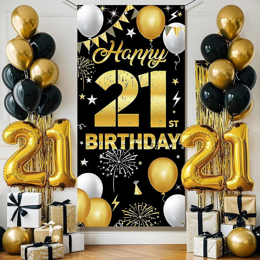 Happy 21st Birthday Decorations for Him & Her – Black and Gold 21st Birthday Banner Backdrop, Yard Sign, Photo Props, Door Background Party Décor