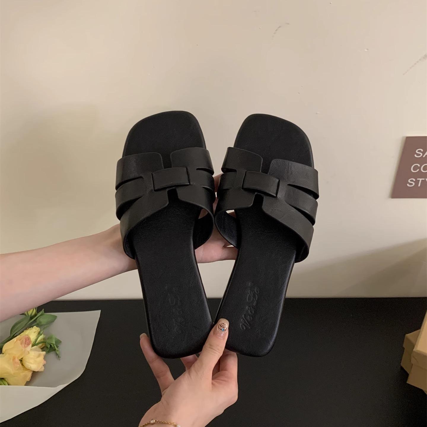 

H slippers women s outer wear summer new casual soft flat-bottomed French sandals one-word drag seaside vacation beach sandals 40 чёрный