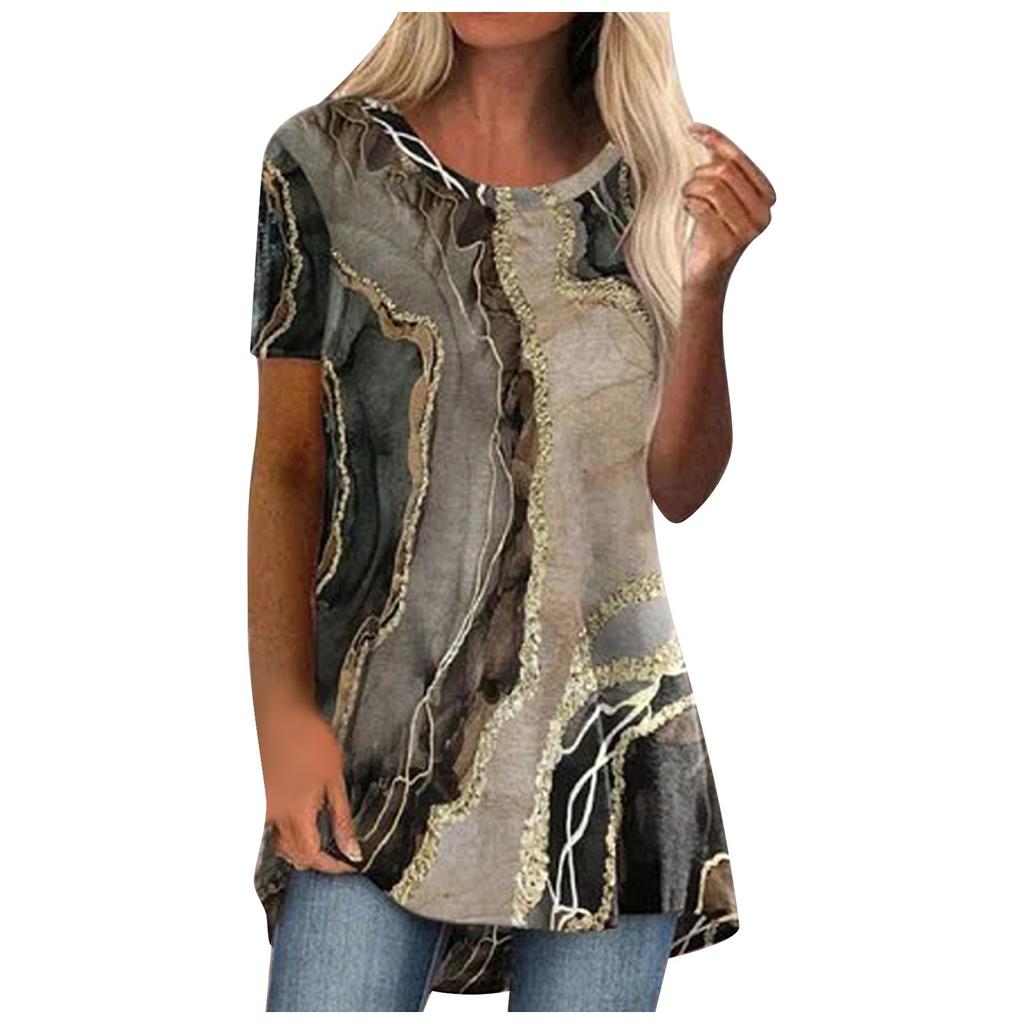 Fashion Women Summer Casual Beach Loose Round Neck Short Sleeves Printed T-Shirt Tops
