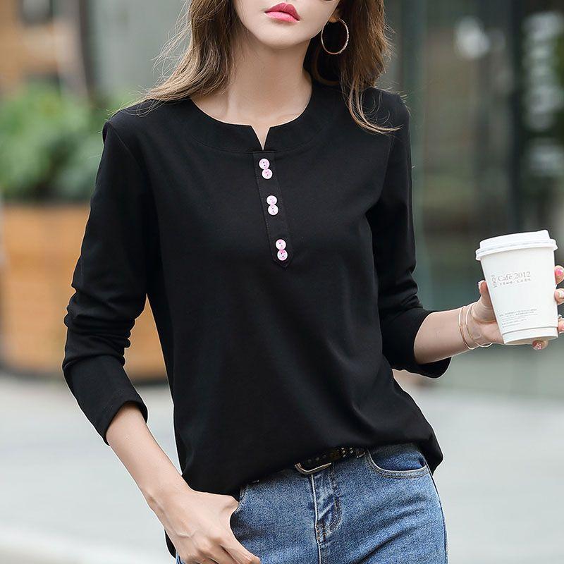 Spring Autumn Women's Loose Casual T-shirt Female Long Sleeve Solid Color Tee Ladies Cotton Bottomed Pullover Top