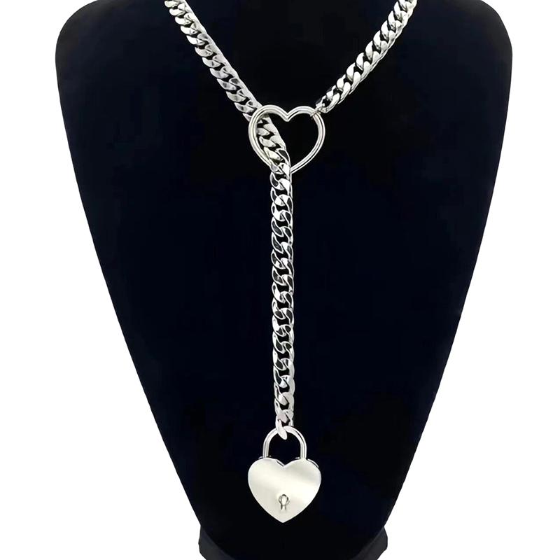 1PC Heart O-ring Slip Chain For Women Punk Rock Necklace Stainless Steel Cuban Long Necklace Trendy Simple Adjustable Y-Necklace
