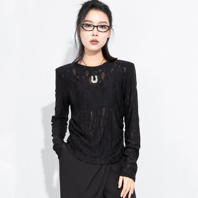 long sleeve Oversized black lace sexy hollow out Casual loose t shirt tops Women spring autumn t-shirt