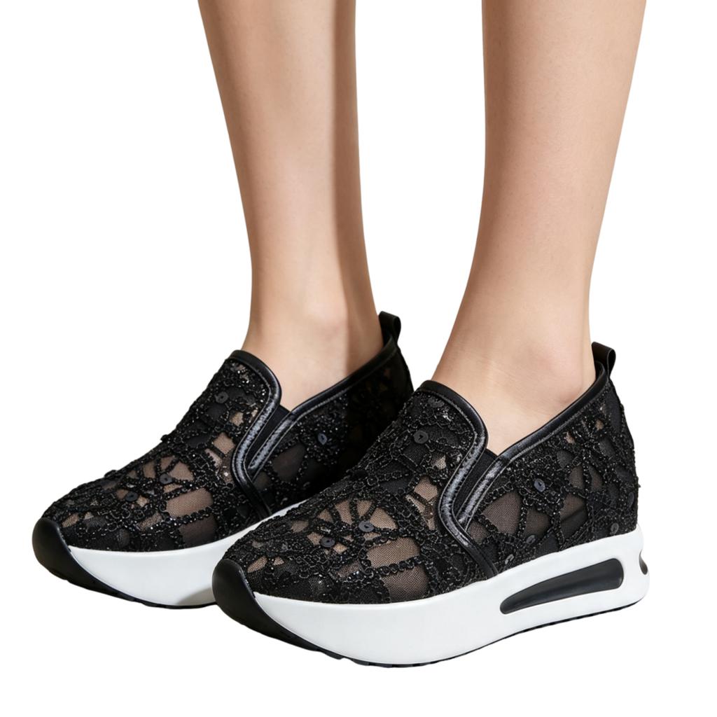 Women's Lace Sequin Embroidered Flat Shoes with Inner Lift for Daily Wear