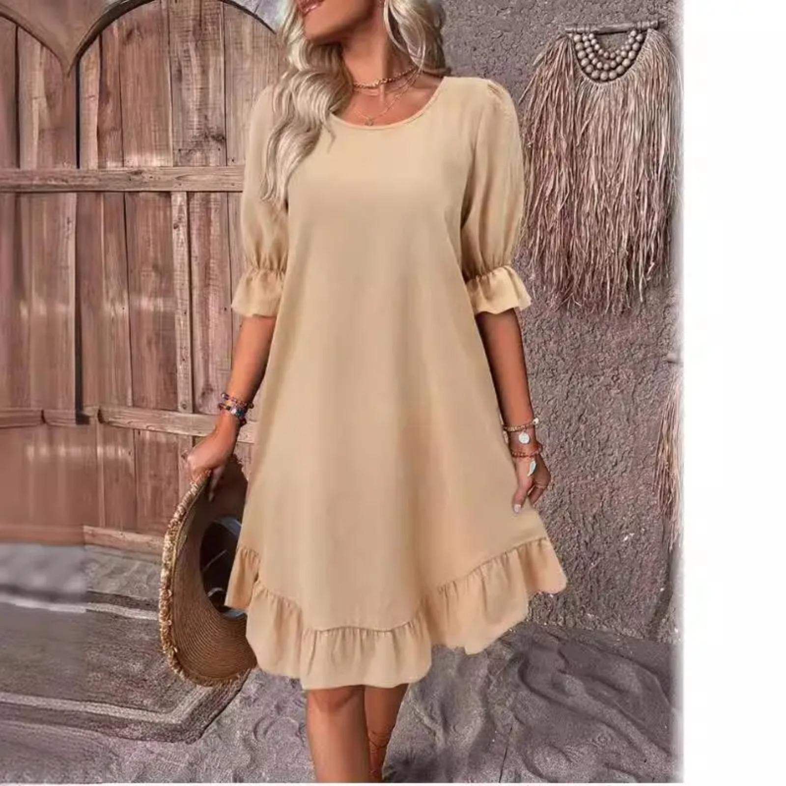 

Spring Summer Women s Vintage Cotton Lin Loose Midi Dress Round Neck Half Sleeve Pure Color A-Line Skirt Travel Friendly S хаки